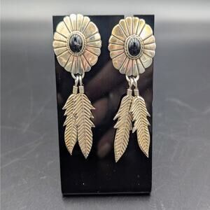 Vintage Mexican Sterling Silver Feather Dangle Earrings | Black Onyx